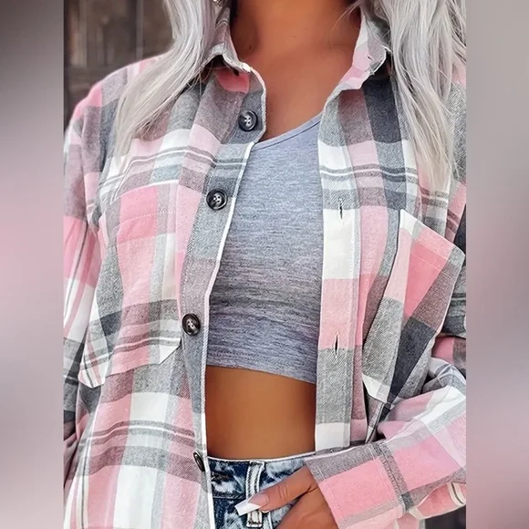 Pink Gray Plaid Button Down Flannel Shirt - Picture 6 of 7